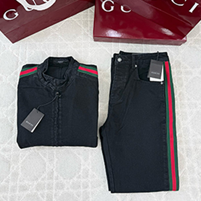 gucci black denim biker jacket & pants with web stripe